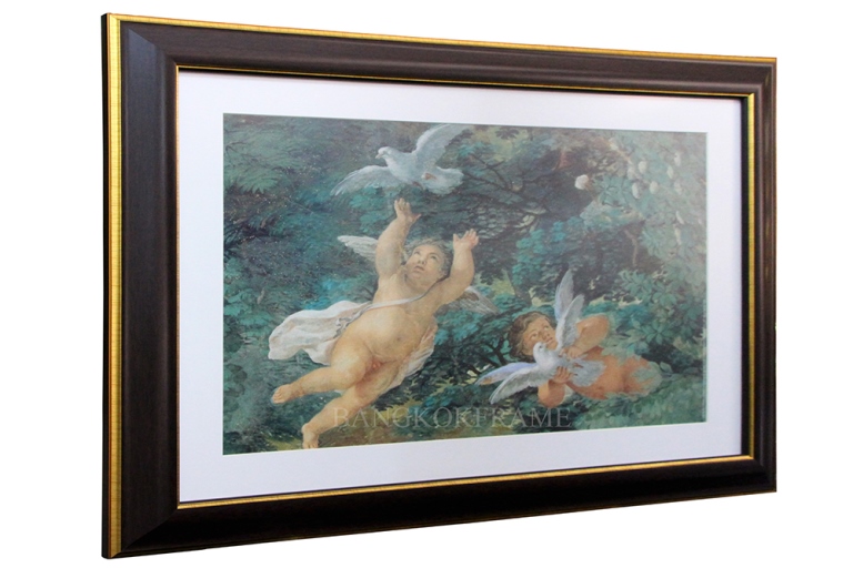 กรอบรูปไม้พลาสติกสีน้ำตาลขอบทอง-ภาพพิมพ์จากต่างประเทศ